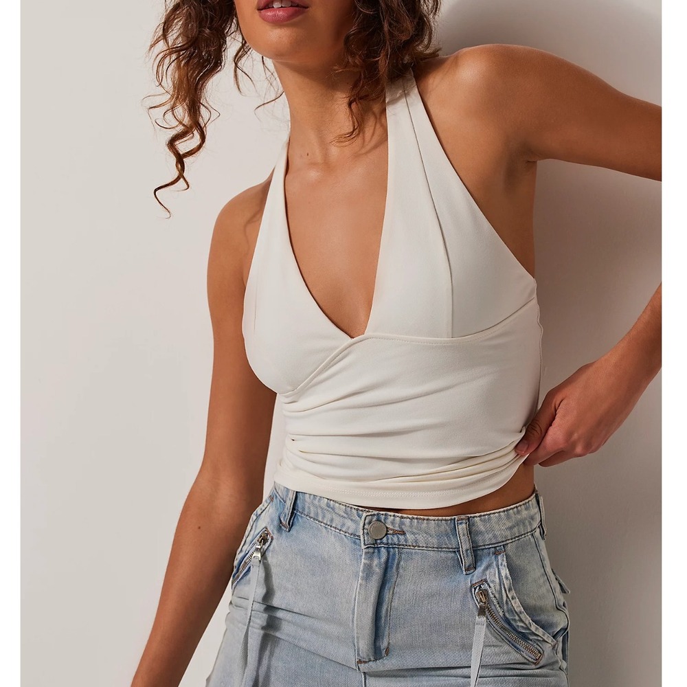 NWT Free People Have It All Halter Top Plunging Neckline‎ Open Back White XS